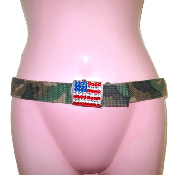 Vintage Accessories - y2k 1990s vintage rhinestone camo flag belt size small medium